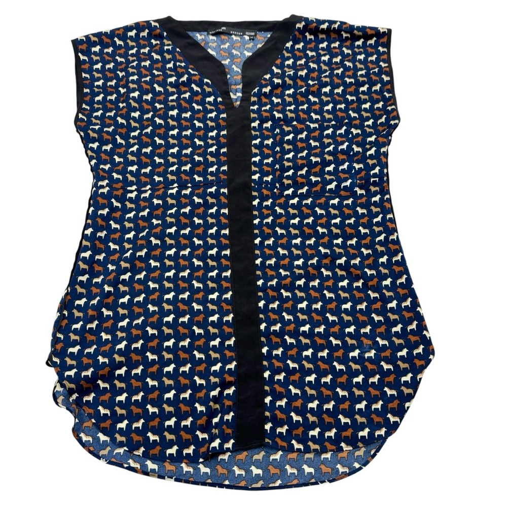 Melissa Nepton Sleeveless‎ Designer Blouse Blue Small Horse Print V-Neck Top